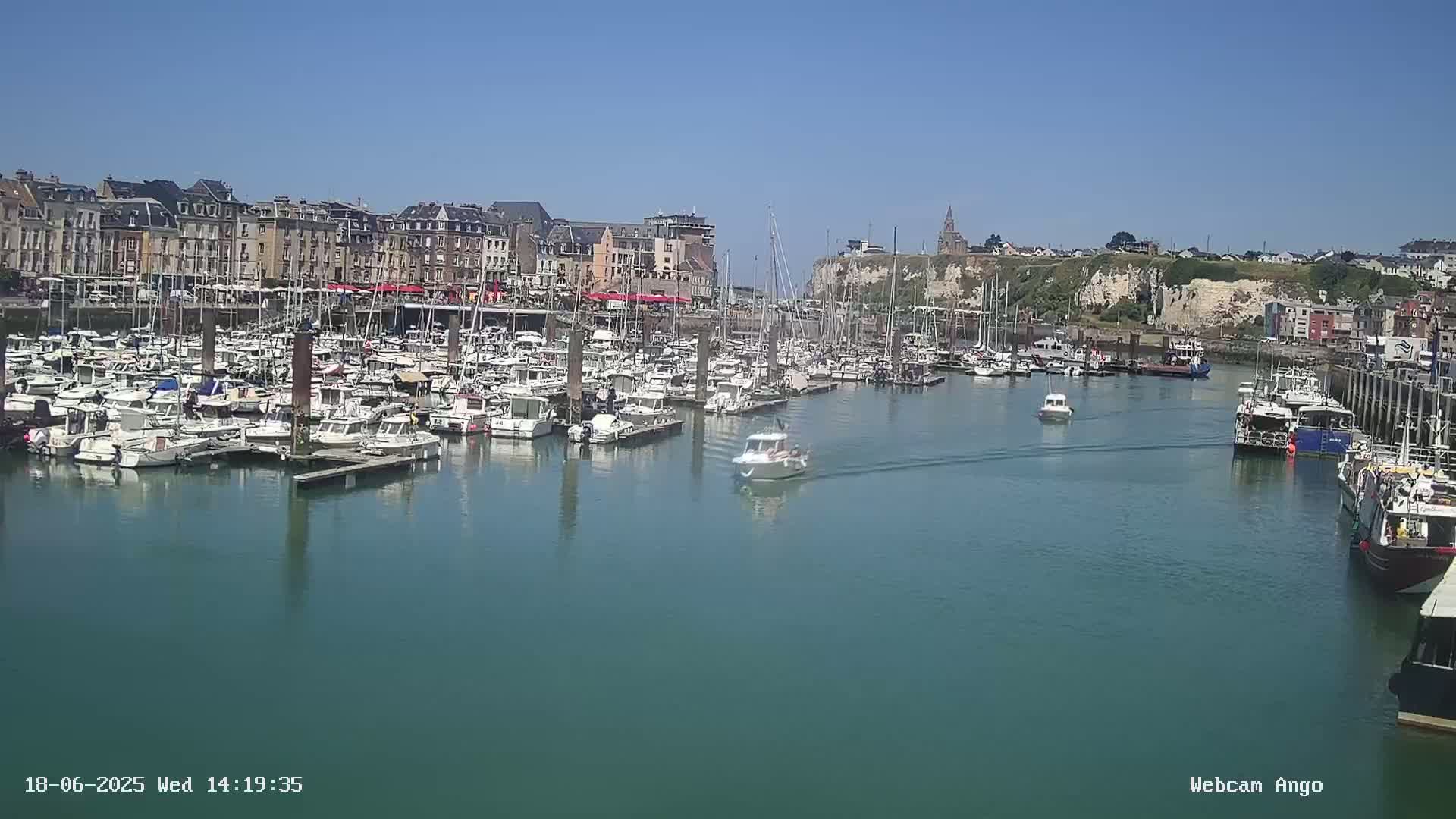 A marina filled with numerous boats is situated in front of a town with buildings lining the waterfront under a clear, sunny sky.