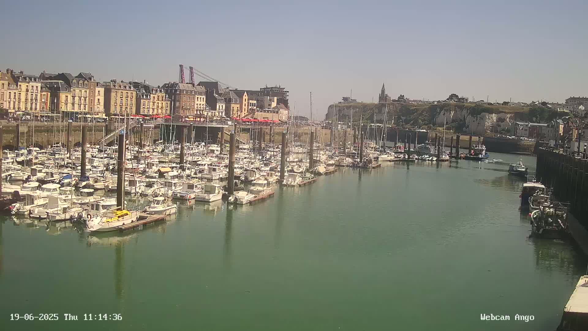 A harbor filled with numerous small boats and yachts is situated in front of a waterfront town on a sunny day.