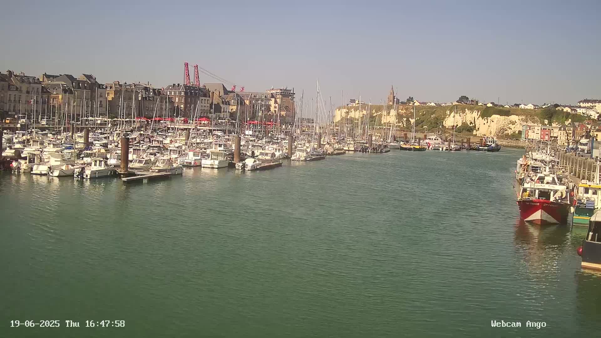 A harbor filled with numerous boats is situated in front of a town under a sunny sky.