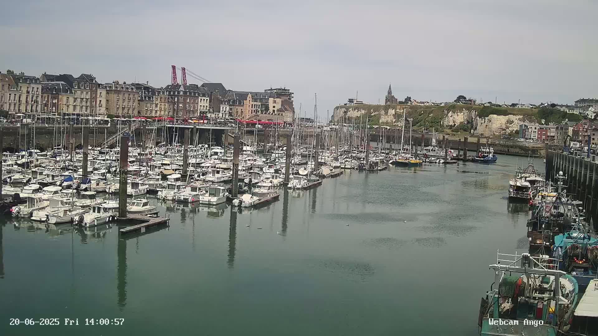 A harbor filled with numerous boats and yachts is situated in front of a town with buildings under a partly cloudy sky.