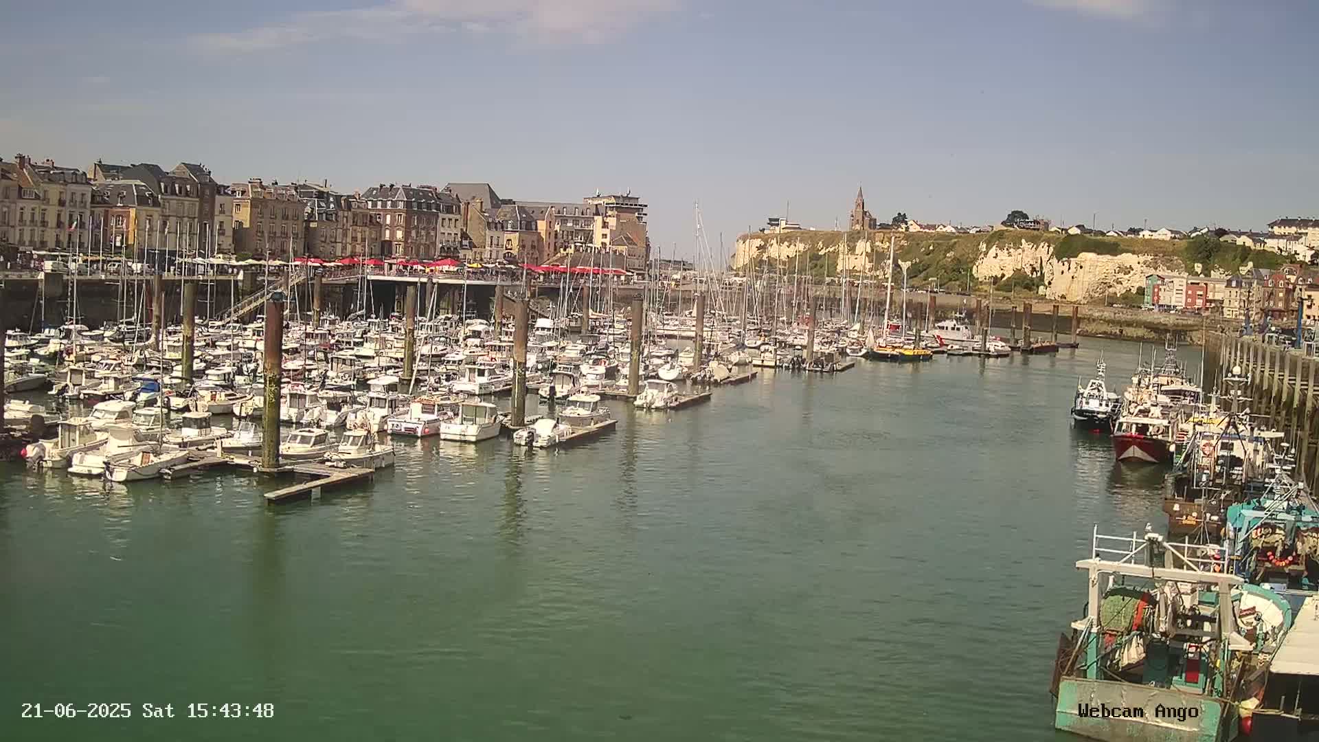 A harbor filled with numerous boats is situated in front of a town on a sunny day.