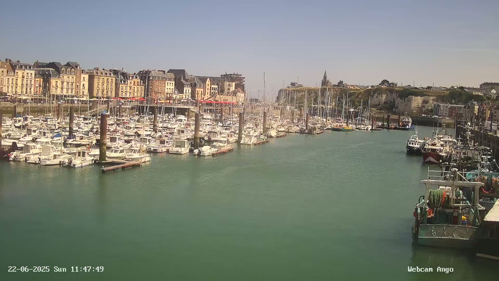 A harbor filled with numerous boats and yachts is situated in front of a town with buildings along a waterfront under a clear sky.