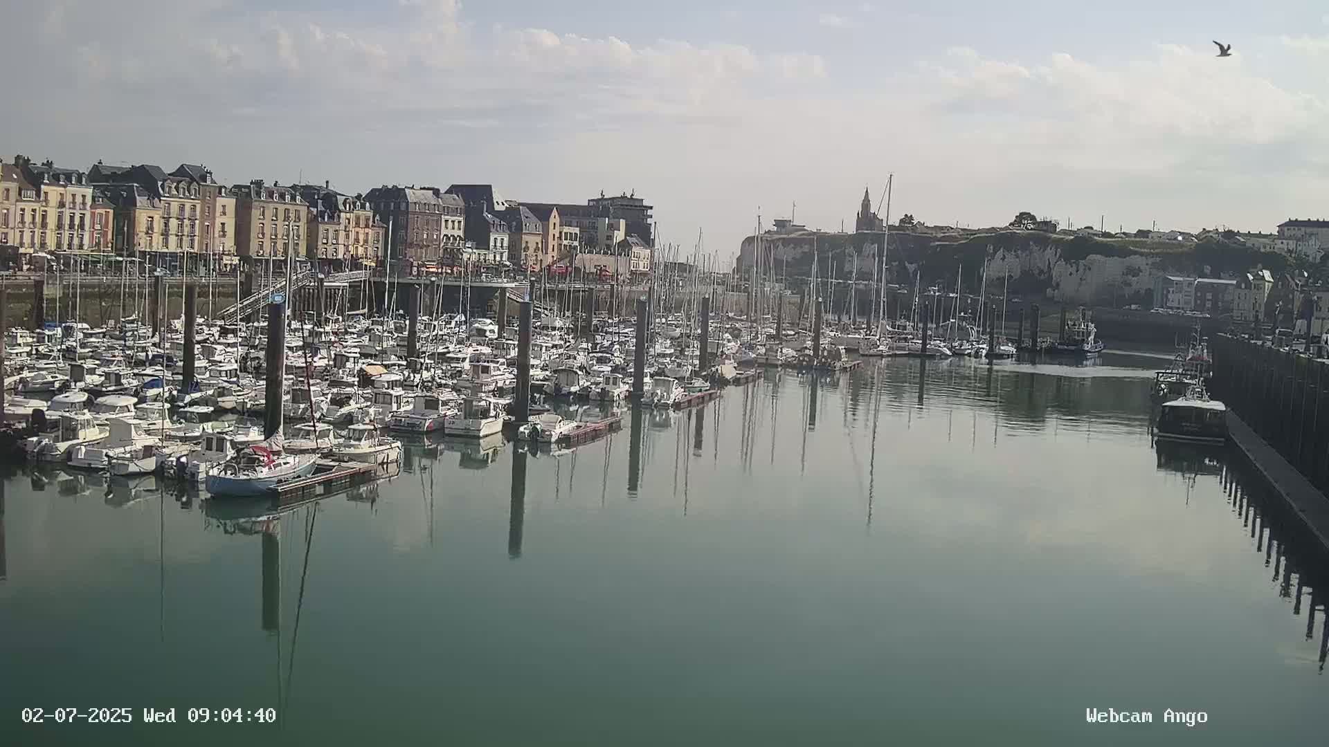 A harbor filled with numerous boats is situated in front of a town with multi-story buildings under a partly cloudy sky.