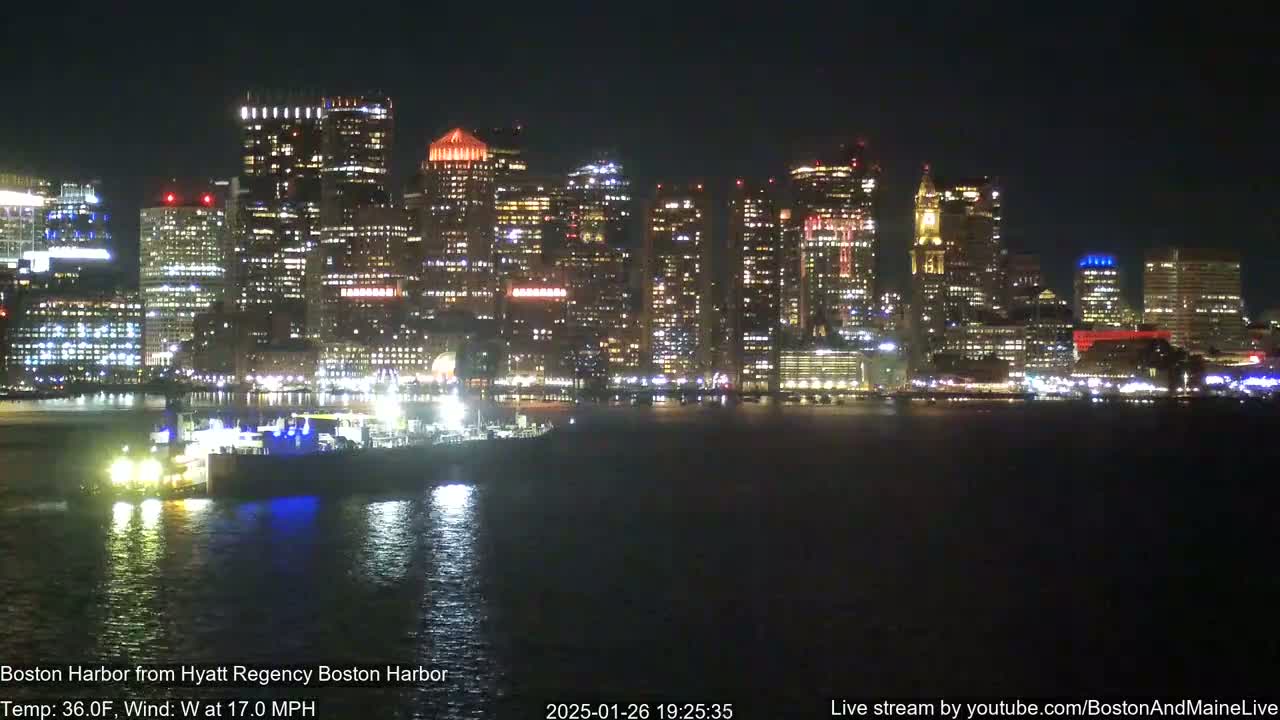 A nighttime view across a calm harbor shows a brightly lit city skyline under a clear, dark sky.