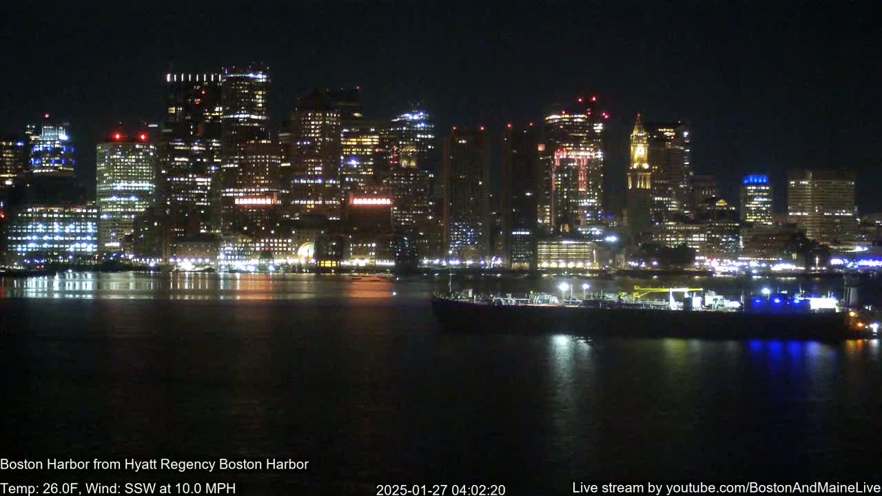 A brightly lit city skyline is seen across a dark body of water at night, with a gentle wind blowing.