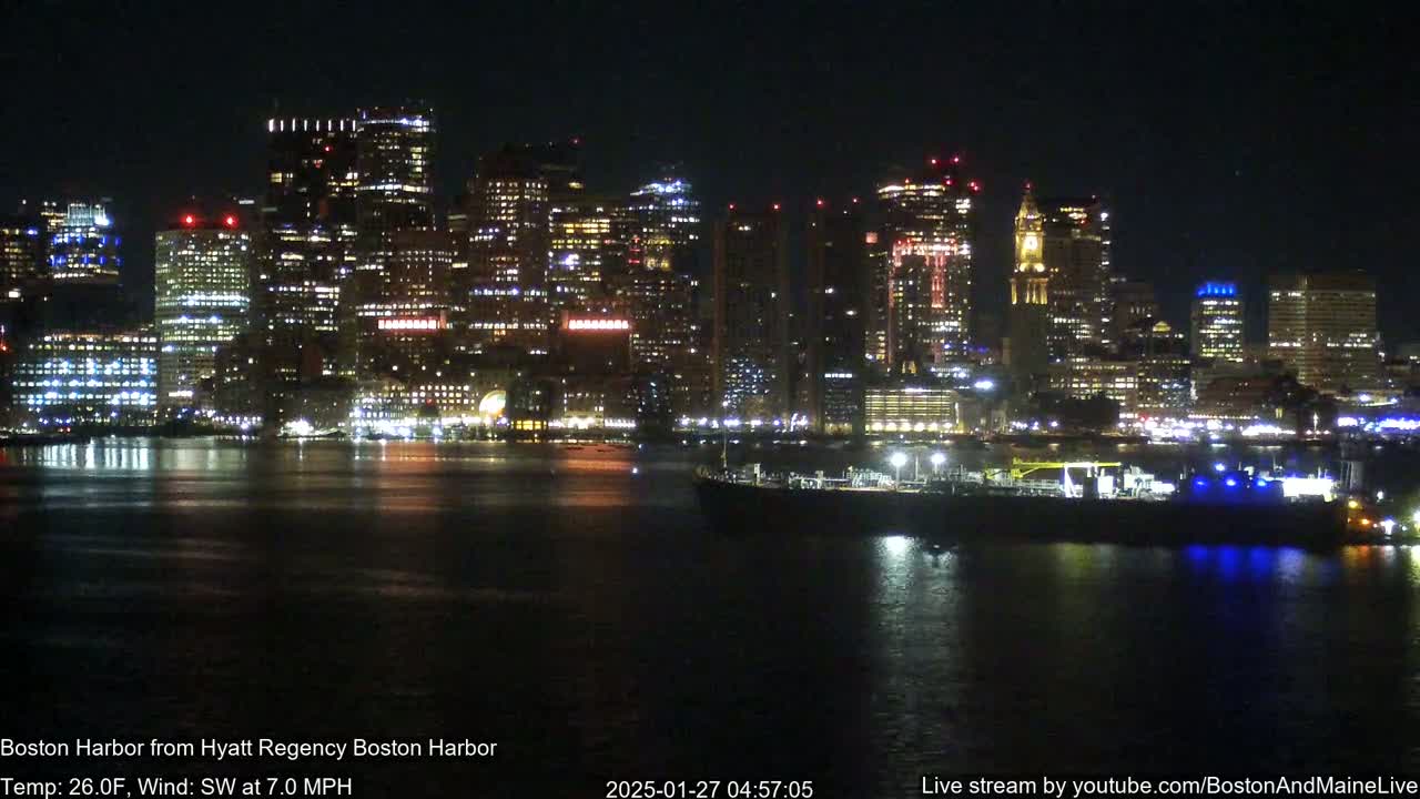 A nighttime view of a city skyline across a dark harbor with a calm surface, reflecting the city lights, under a clear sky.