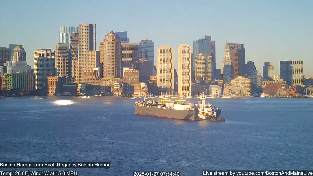 A large barge is being towed across a calm harbor in front of a city skyline under a clear, sunny sky.