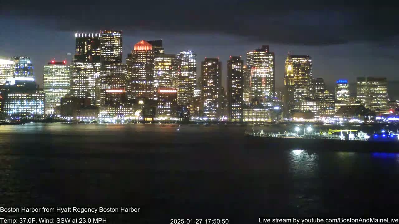 A nighttime view of a brightly lit city skyline across a dark body of water under a partly cloudy sky, with a strong wind blowing.