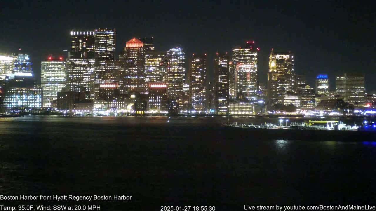 A nighttime view of a brightly lit city skyline across a dark body of water, with a wind of 20 mph from the south-southwest.
