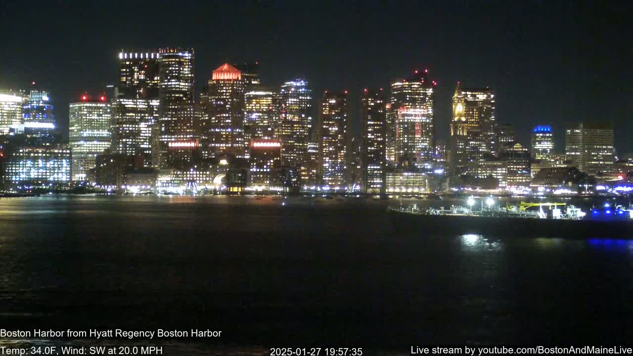 A nighttime view of a city skyline across a dark body of water with a strong southwest wind.