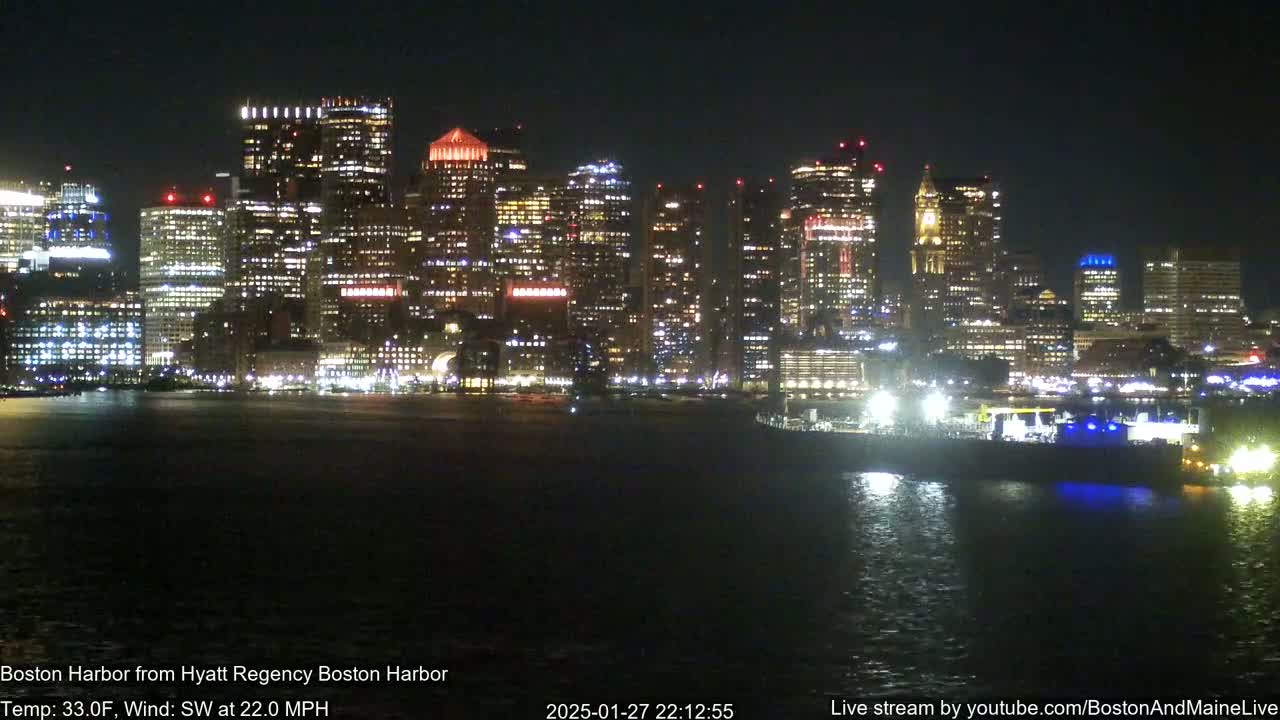 A brightly lit city skyline at night is reflected in dark water, with a moderate southwest wind.