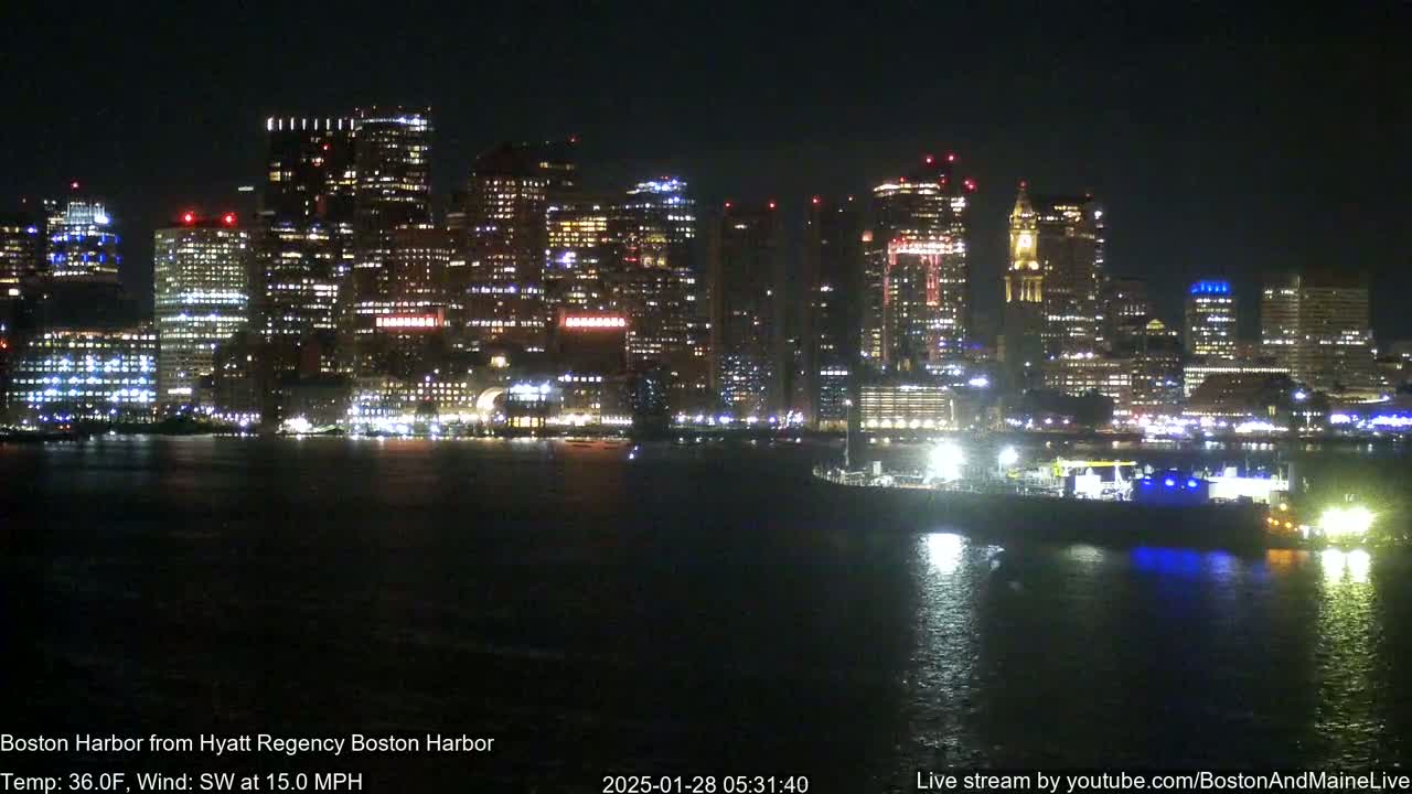 A nighttime view of a city skyline across a dark body of water, with a southwest wind at 15 mph and a temperature of 36°F.