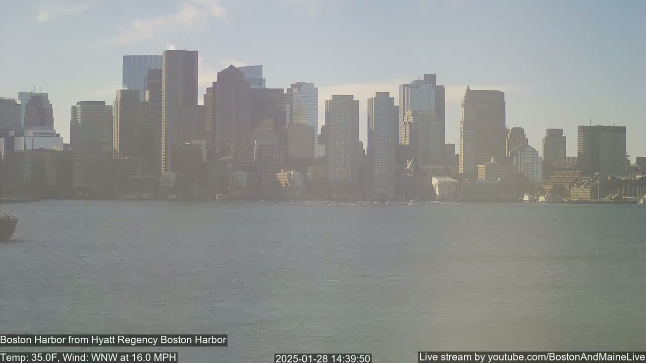 A city skyline of tall buildings is seen across a body of water on a hazy day with a wind of 16 mph.