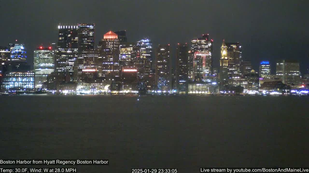 A nighttime view of a brightly lit city skyline across a dark body of water under windy, 30°F weather conditions.