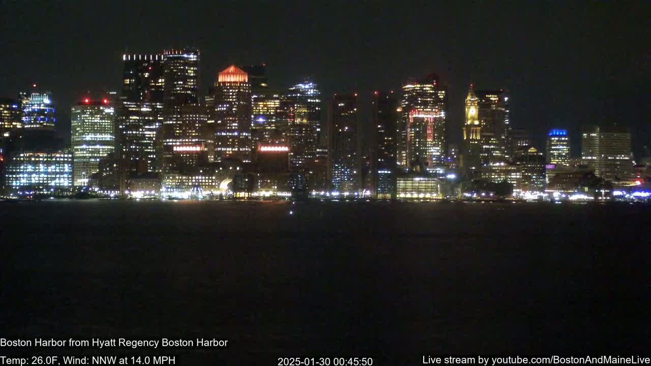 A brightly lit city skyline is seen across a dark body of water at night, with a north-northwest wind blowing at 14 miles per hour and a temperature of 26 degrees Fahrenheit.