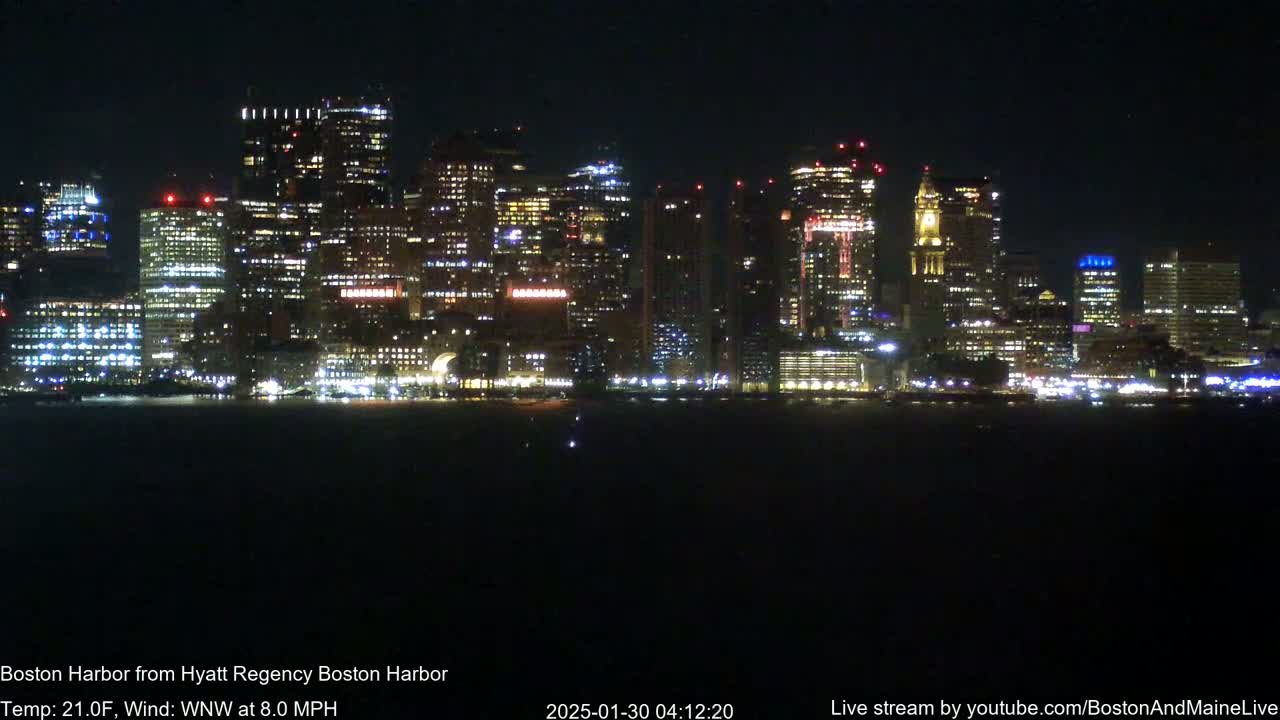 A brightly lit cityscape is seen across a dark body of water at night.