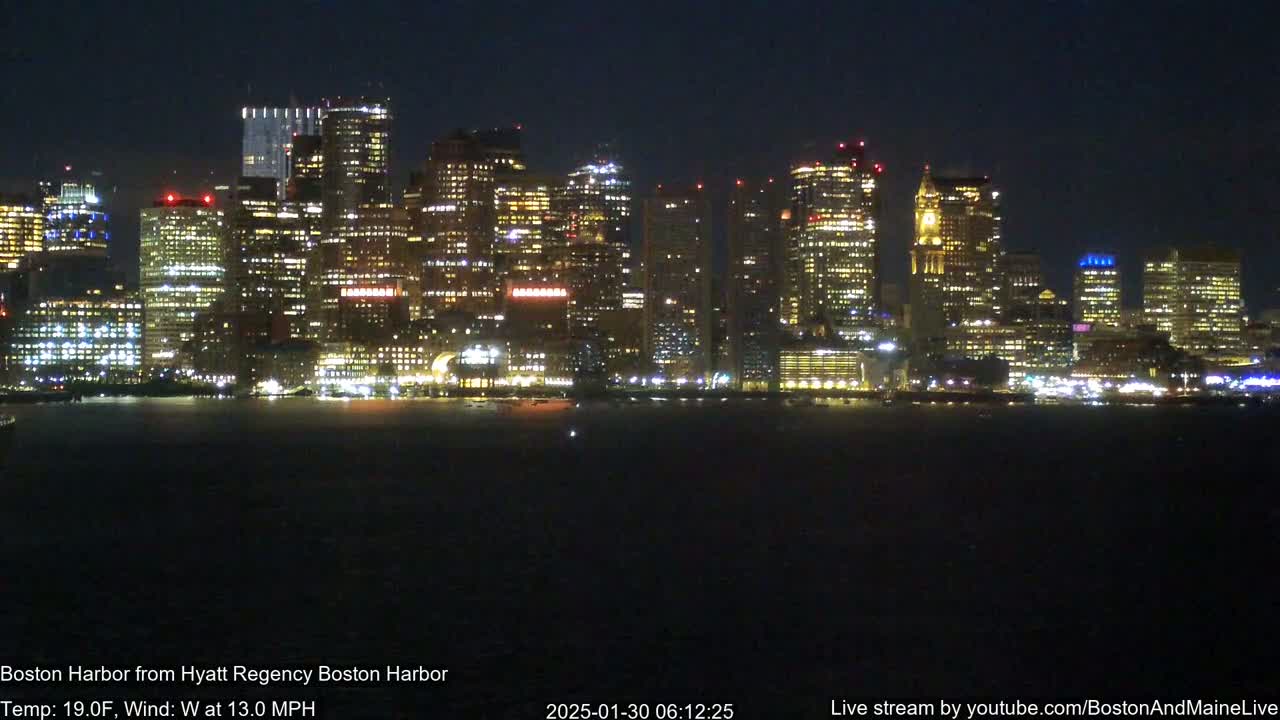 A nighttime view of a city skyline illuminated with lights across a dark body of water under a clear, dark sky.