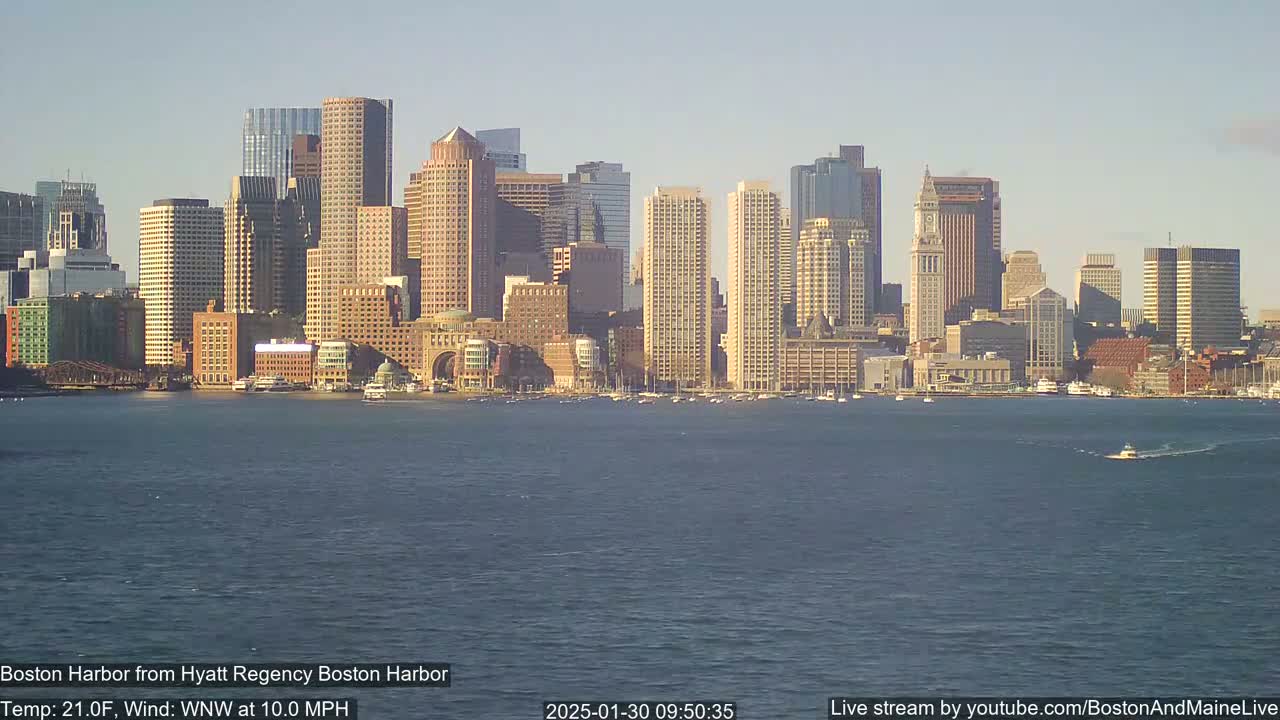 A city skyline, comprised of numerous skyscrapers and other buildings, is seen across a body of water on a clear, windy day.