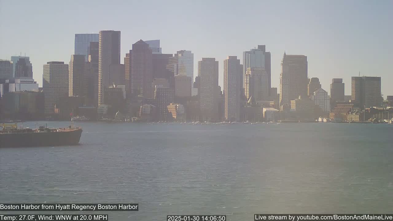A large cargo ship is in the foreground of a harbor with a city skyline in the background under a hazy, sunny sky with a 20 mph wind.