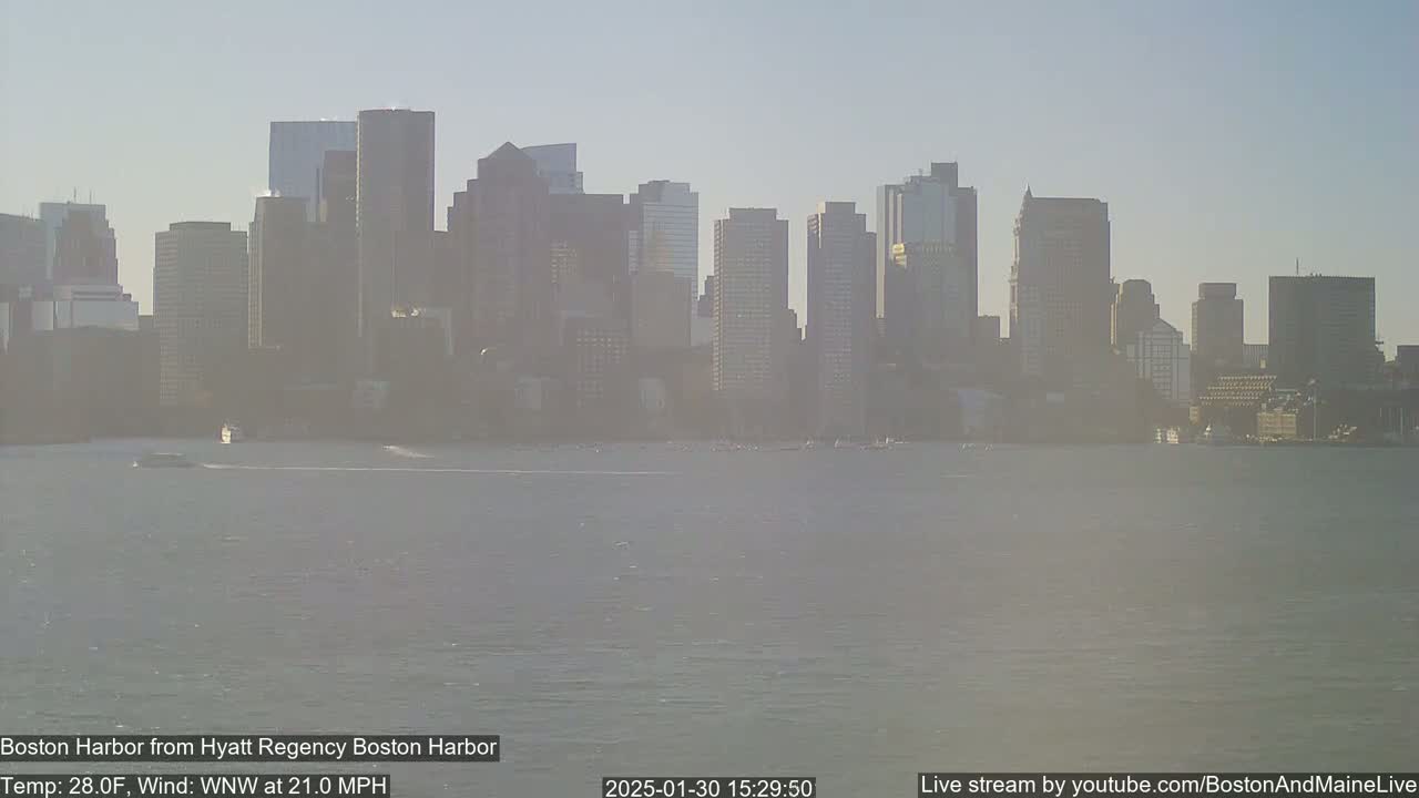 A hazy view of a city skyline across a body of water, with a wind of 21 mph.