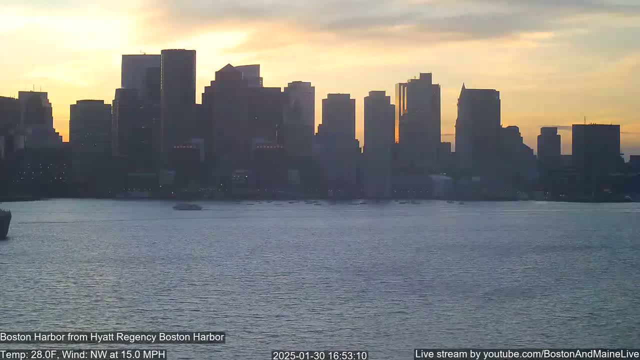 A city skyline silhouetted against a sunset over calm water, with a northwest wind at 15 mph and a temperature of 28°F.