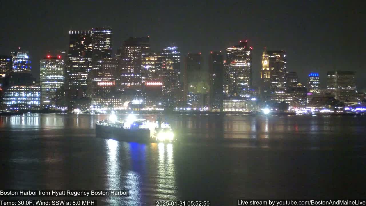 A nighttime view of a city skyline across a calm harbor with a vessel in the foreground under a clear sky.