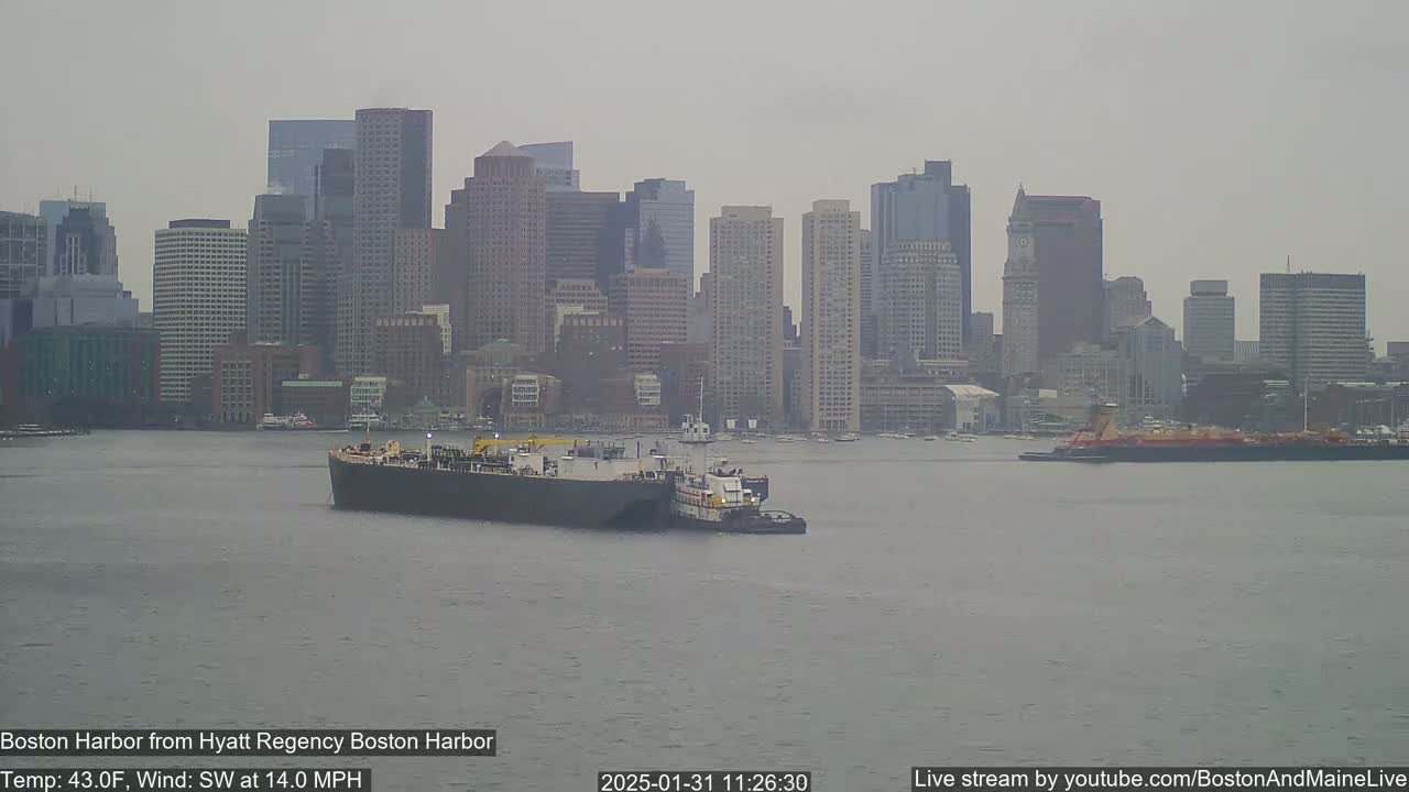A large barge being towed by a tugboat is in the foreground of a hazy harbor with a city skyline in the background.