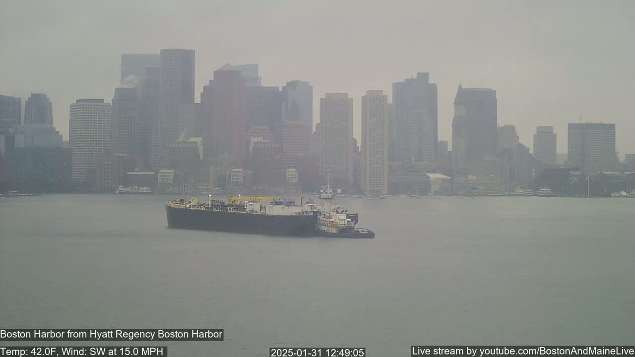 A barge being towed by a tugboat is in a harbor with a city skyline in the background on an overcast day with a southwest wind.