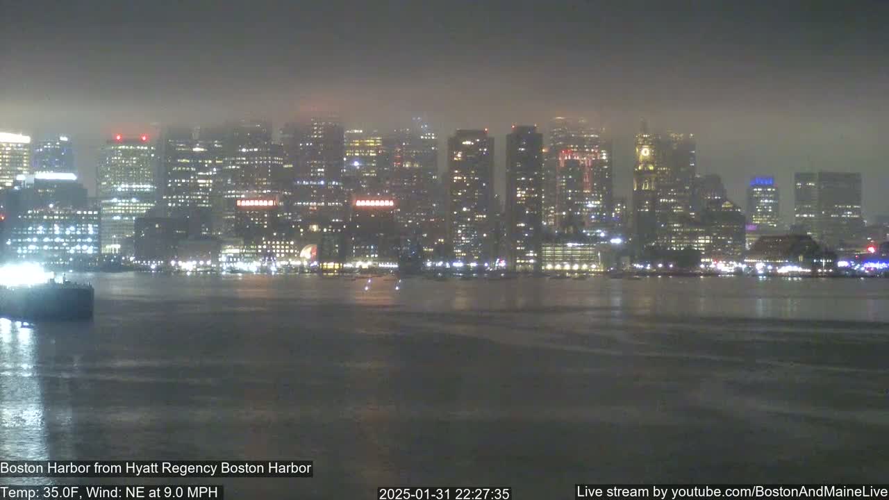 A nighttime view of a city skyline across a body of water shrouded in fog.