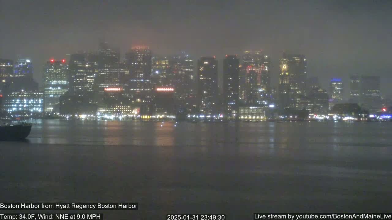 A nighttime view of a city skyline across a body of water in foggy conditions.