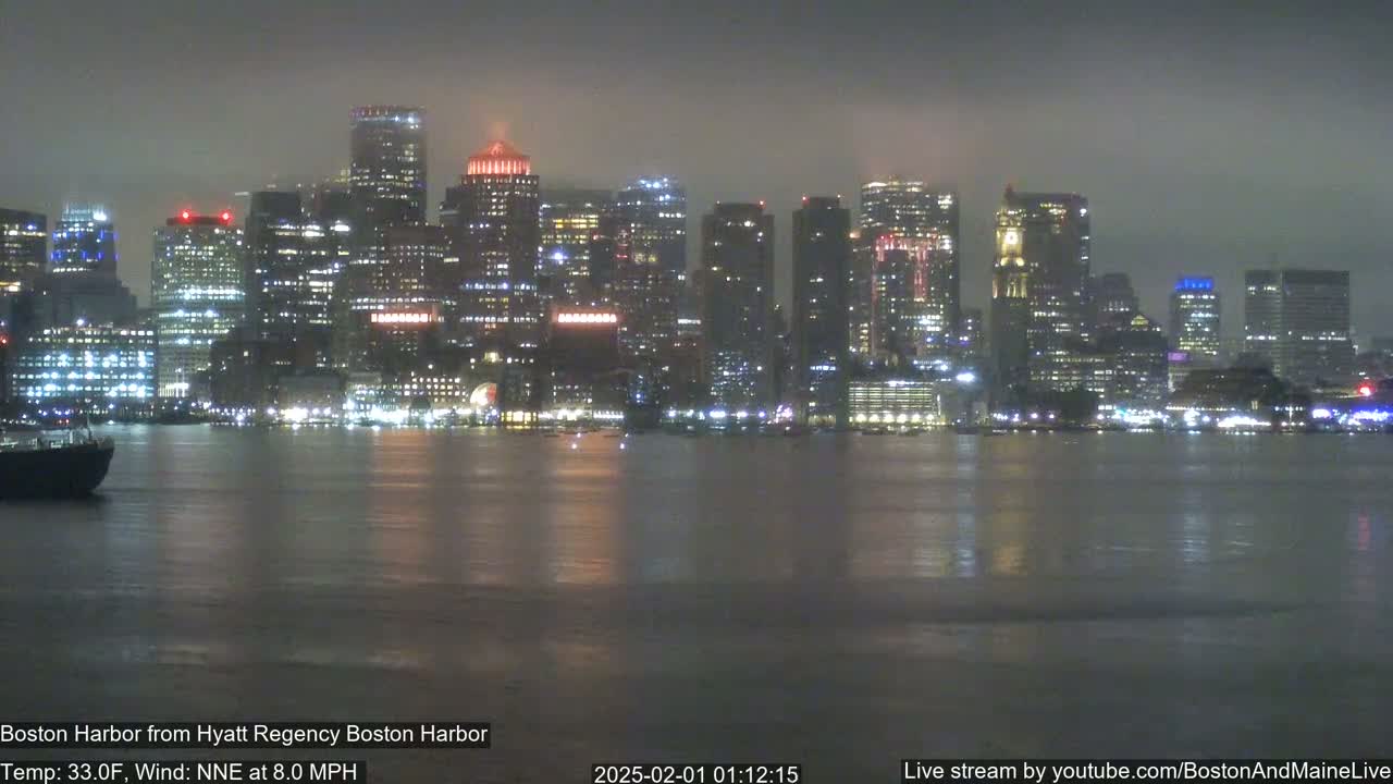 A nighttime view of a city skyline across a dark, calm harbor under a hazy sky.