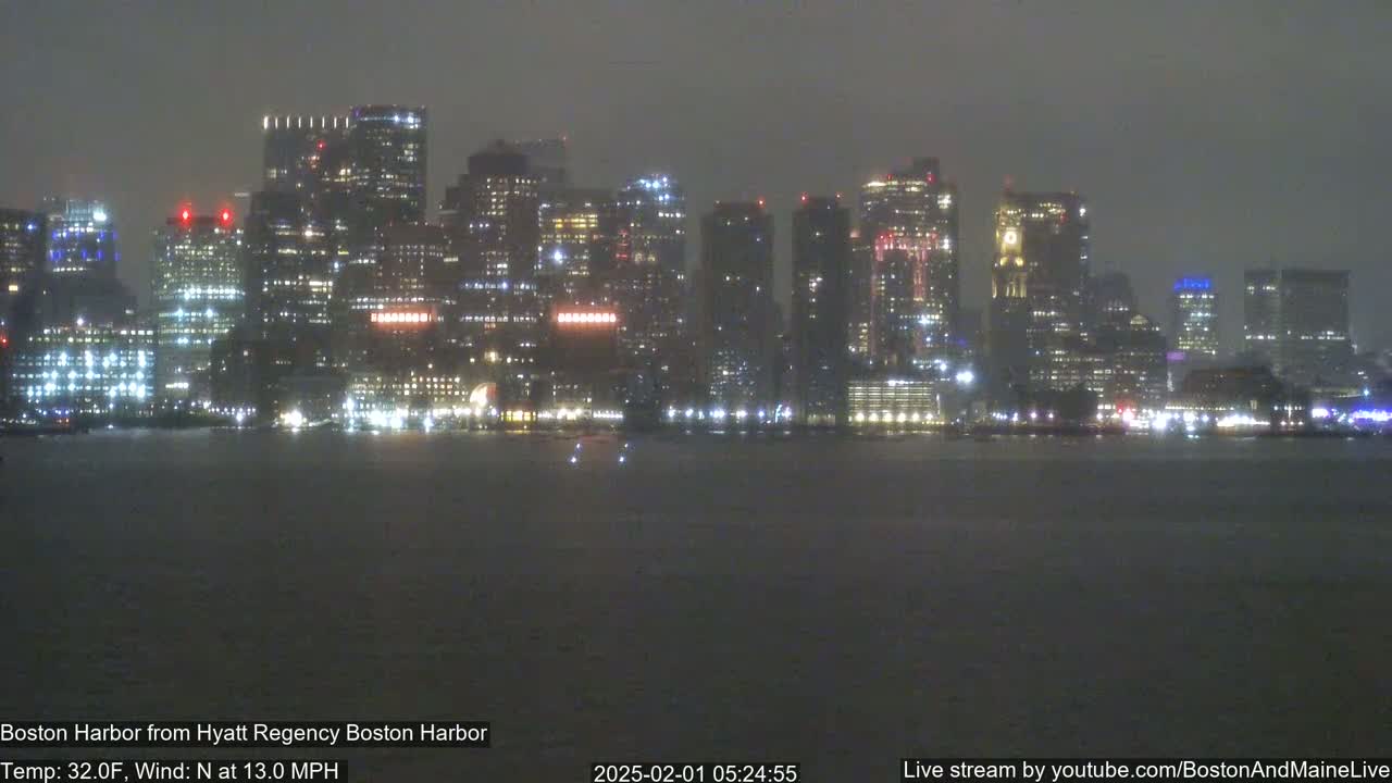 A nighttime view of a city skyline across a dark body of water, under hazy weather conditions.