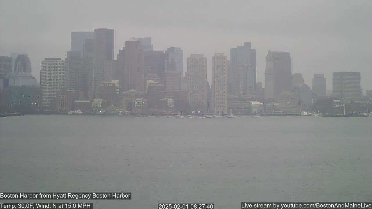 A hazy view of a city skyline across a body of water in a 30°F temperature with a 15 mph north wind.