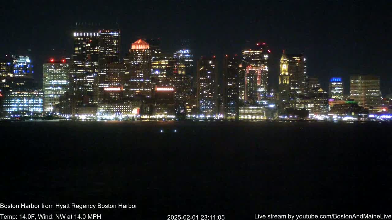 A brightly lit city skyline is visible across a dark body of water at night, under a clear sky with a northwest wind blowing at 14 mph and a temperature of 14 degrees Fahrenheit.