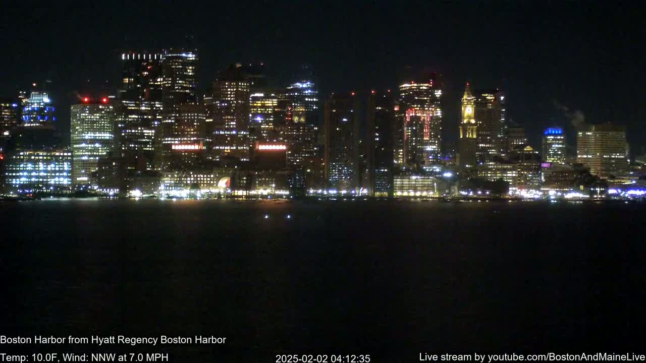 A brightly lit city skyline is visible across a dark body of water at night, with a cool temperature and a gentle north-northwest wind.