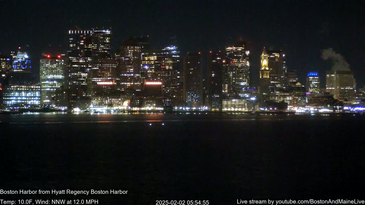 A brightly lit city skyline is seen across a dark body of water at night, with a 10°F temperature and a 12 mph northwest wind.