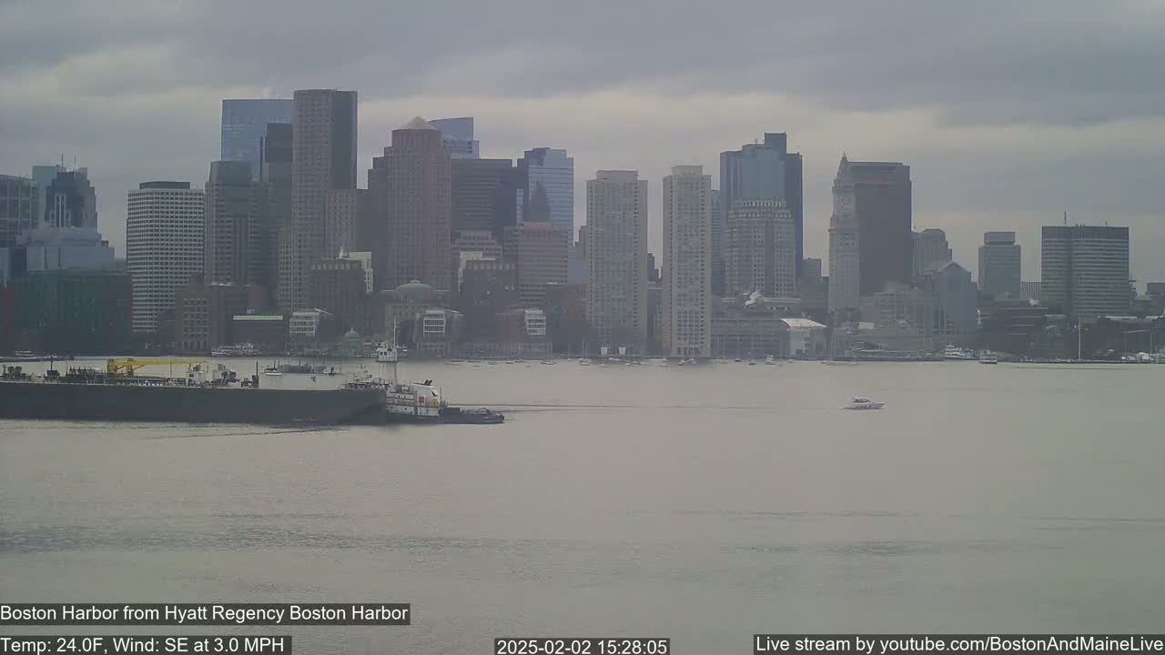 A tugboat and barge are on a calm harbor in front of a hazy city skyline under an overcast sky.