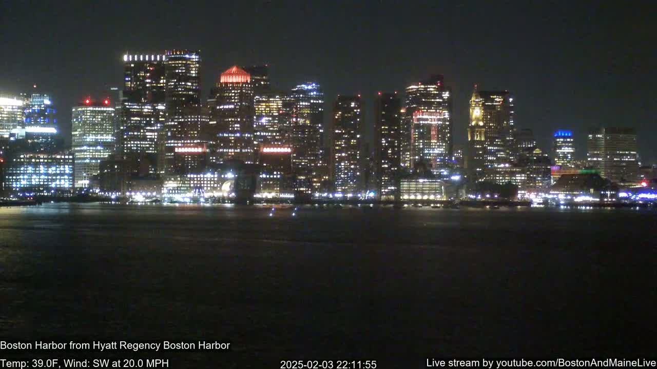 A brightly lit city skyline is seen across a dark body of water at night, with a southwest wind blowing at 20 mph and a temperature of 39°F.