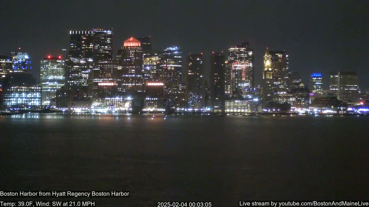 A brightly lit cityscape is viewed across a dark body of water at night, with a strong southwest wind.
