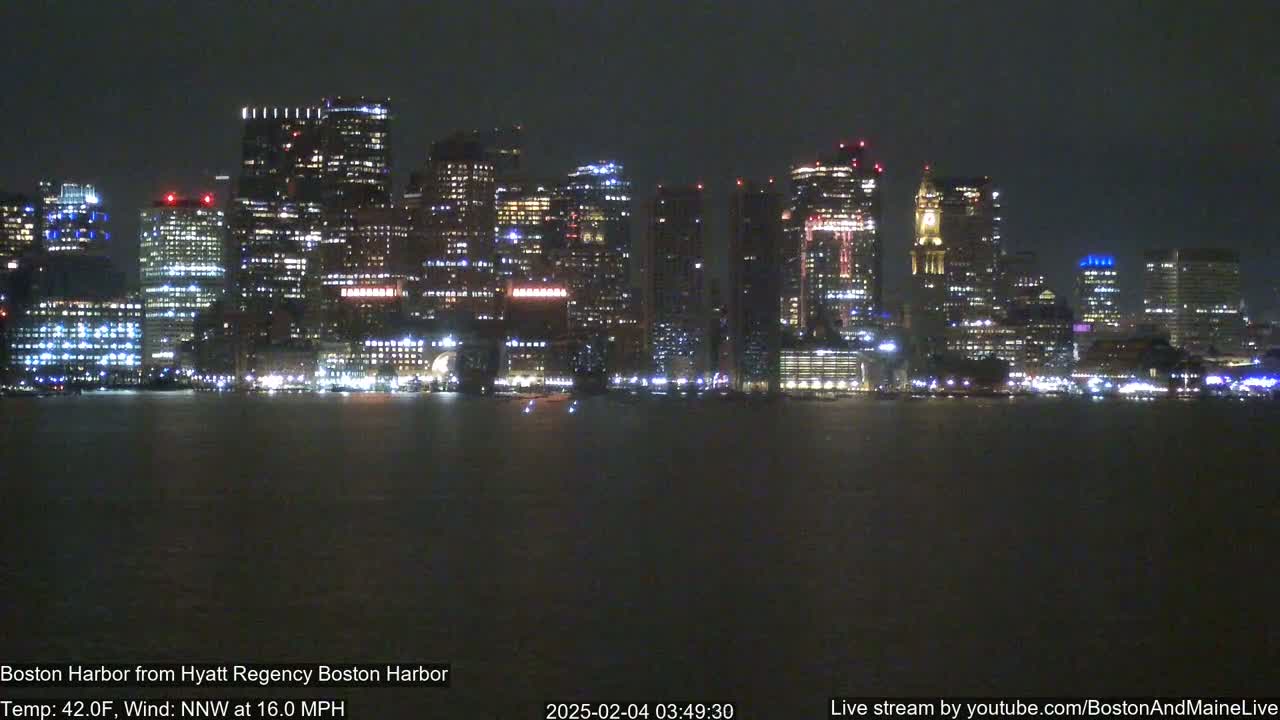 A brightly lit city skyline is seen across a dark body of water at night, under a dark sky with a 16 mph north-northwest wind and a temperature of 42°F.