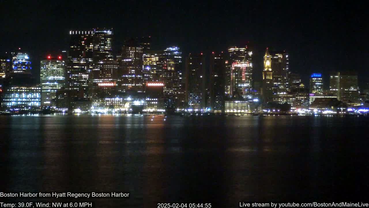 A brightly lit city skyline is reflected in a dark, calm harbor at night, under a clear sky.