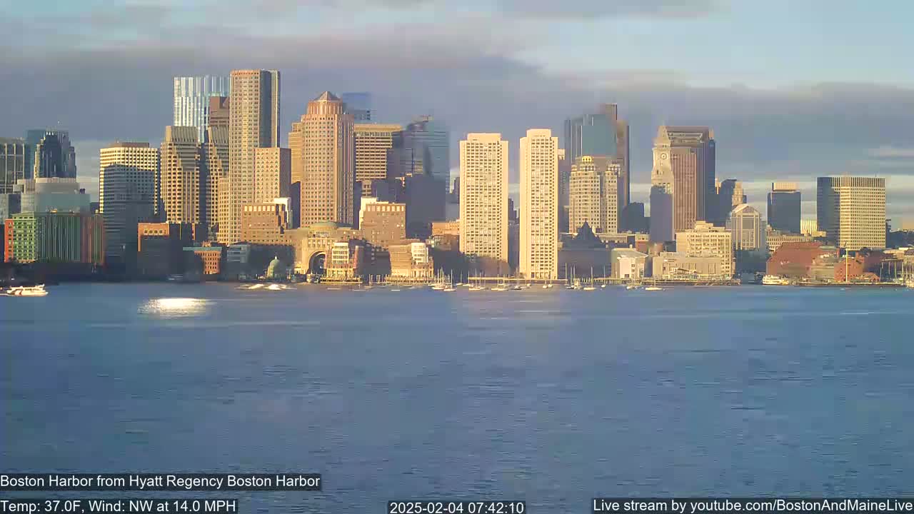 A city skyline, possibly Boston, is seen across a calm harbor under a partly cloudy sky.