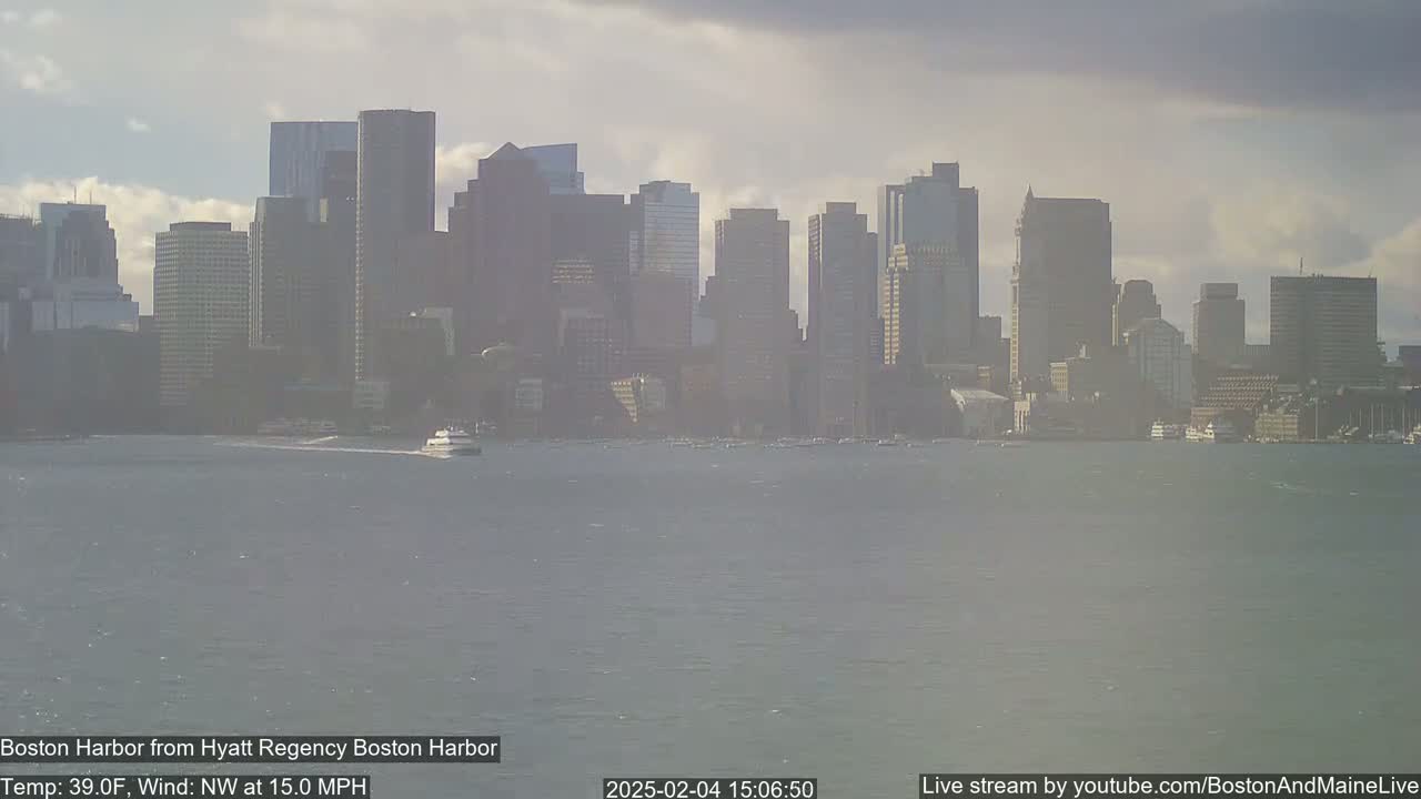 A city skyline is seen across a choppy harbor under a cloudy sky with a northwest wind.
