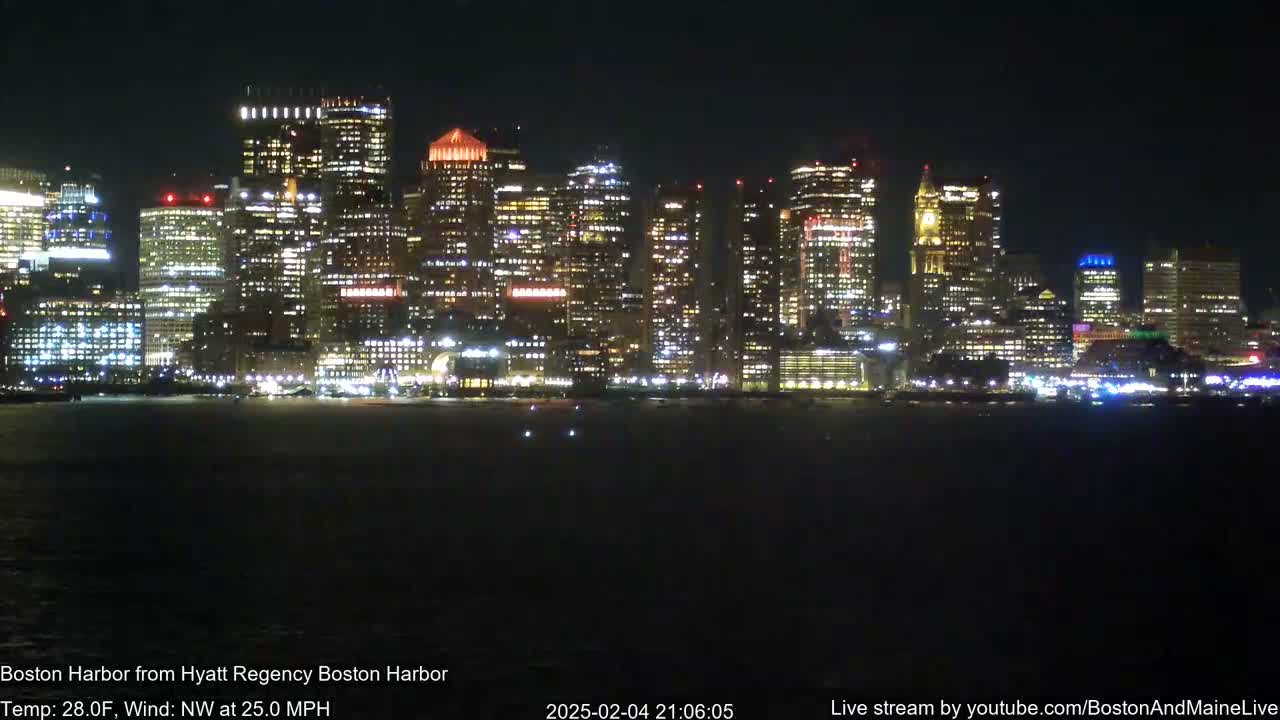 A brightly lit city skyline is seen across a dark body of water at night, with a northwest wind blowing at 25 mph and a temperature of 28°F.