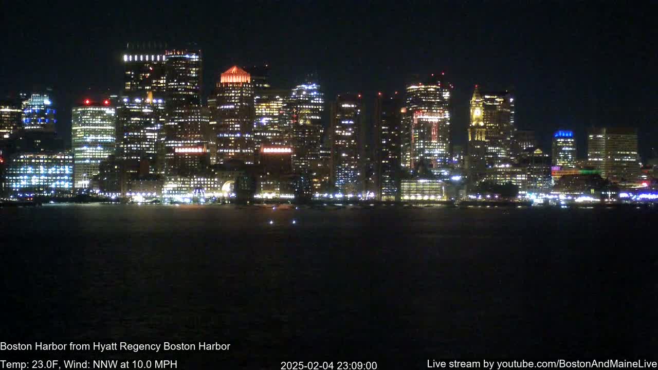A brightly lit city skyline is seen across a dark body of water at night, with a north-northwest wind blowing at 10 mph and a temperature of 23 degrees Fahrenheit.