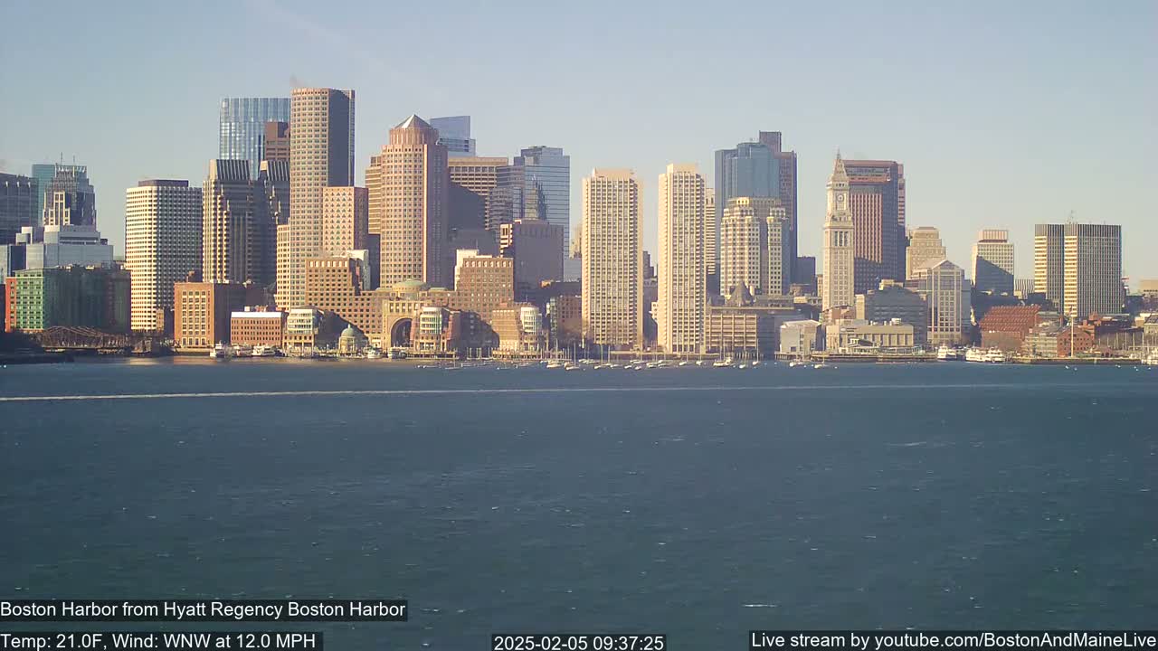 A city skyline with numerous skyscrapers and high-rise buildings is seen across a body of water under a clear, sunny sky with a WNW wind at 12.0 mph and a temperature of 21°F.