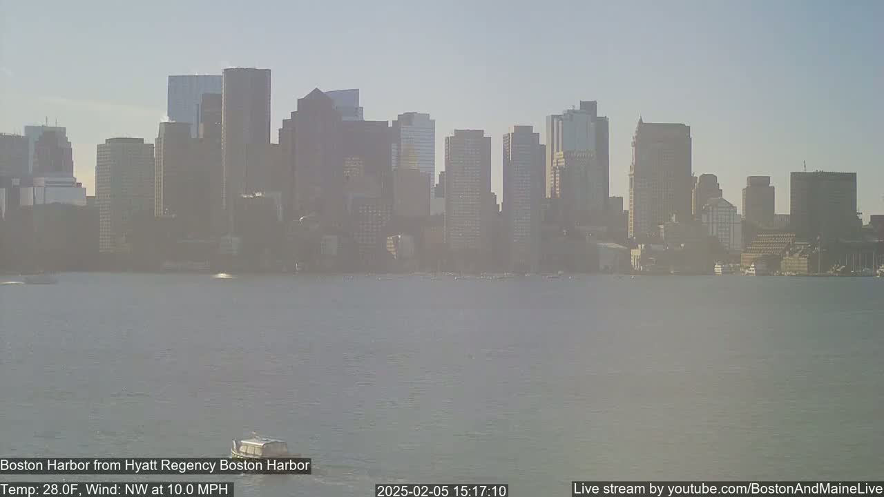 A city skyline is seen across a calm body of water on a hazy day with a northwest wind of 10 mph and a temperature of 28°F.
