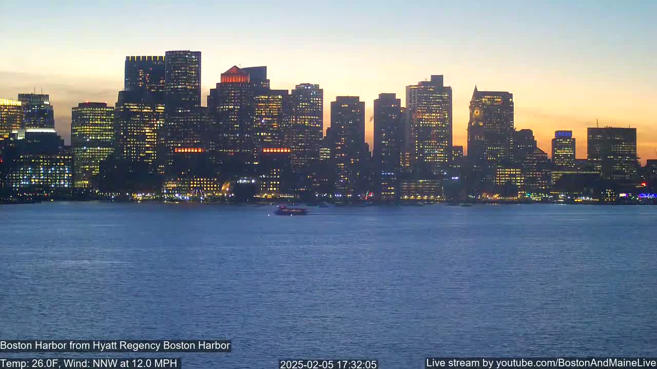 A city skyline with illuminated buildings is seen across a body of water at dusk with a north-northwest wind at 12 mph and a temperature of 26 degrees Fahrenheit.