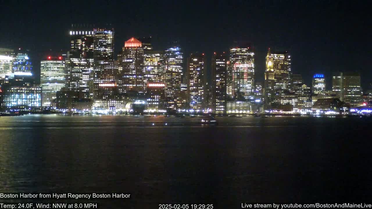 A nighttime view of a city skyline across a dark body of water, with a cool temperature and a gentle northwest wind.