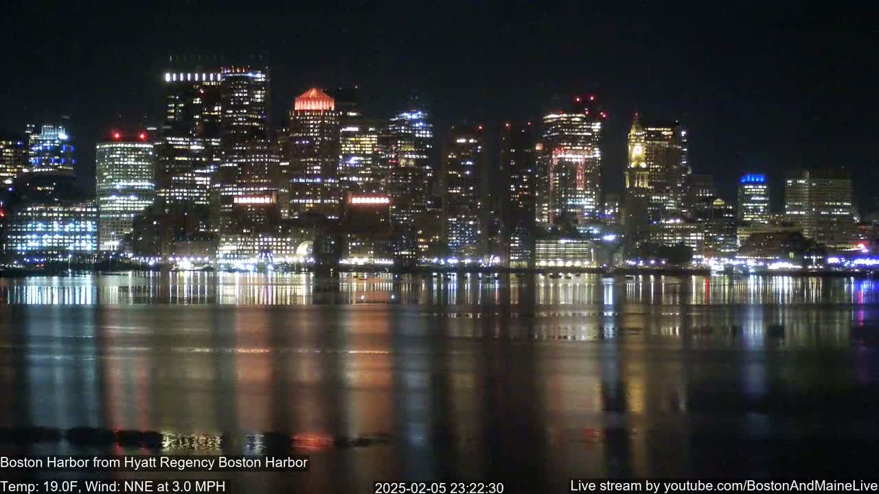 A brightly lit city skyline reflects in calm nighttime water.